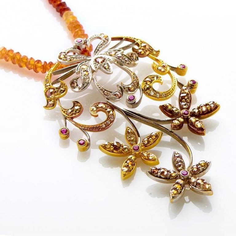 18k multi gold diamond and quartz floral pendant necklace