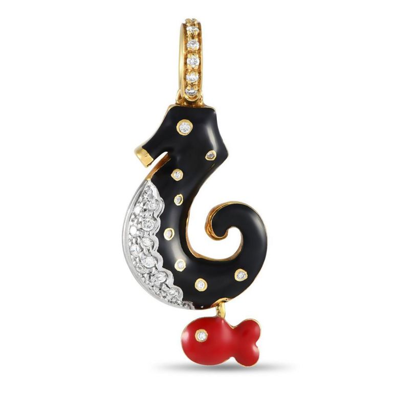18k yellow gold diamond seahorse and fish charm