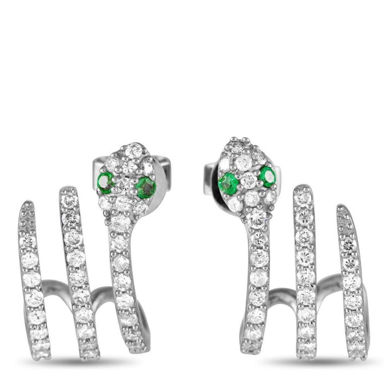 14k white gold diamond and emerald serpent earrings