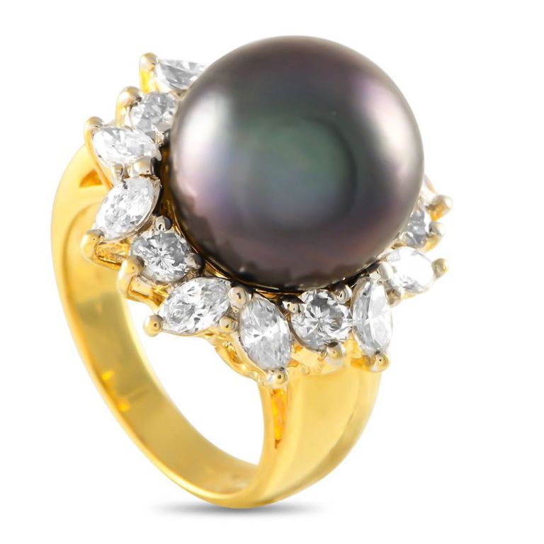 18k yellow gold diamond and Tahitian pearl ring