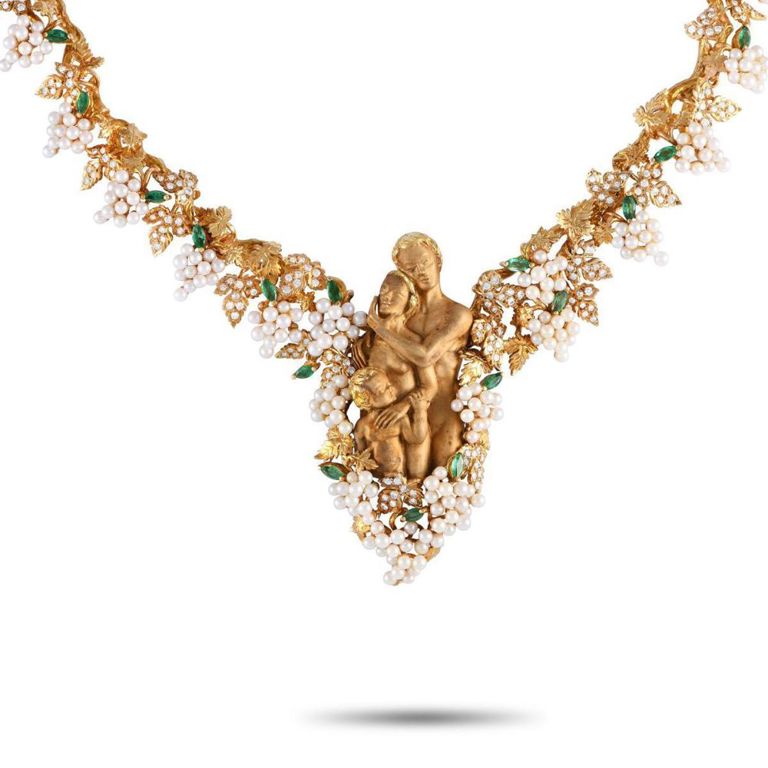 18k yellow gold diamond, pearl and emerald necklace