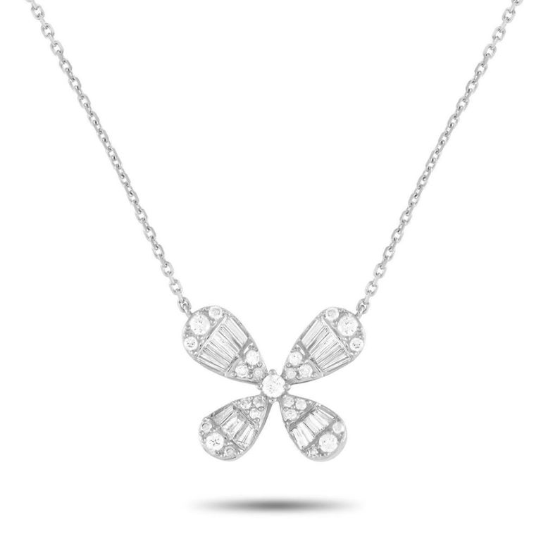 14k white gold diamond four petal flower necklace