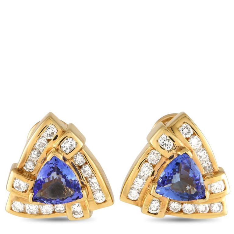14k yellow gold tanzanite and diamond earrings