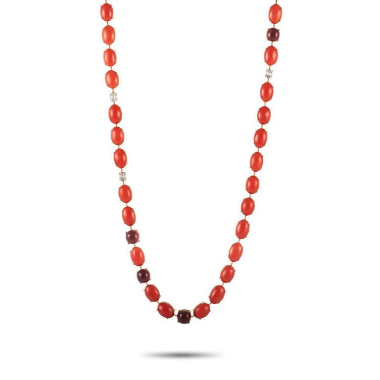 18k rose gold diamond, coral and tourmaline necklace