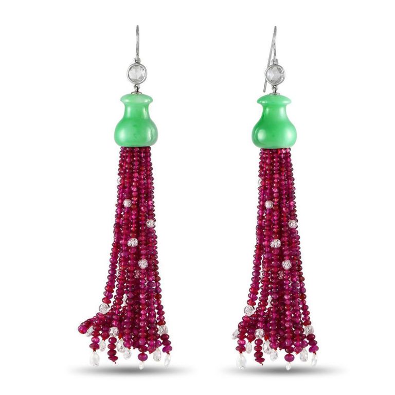Diamond, ruby and jade tassel earrings