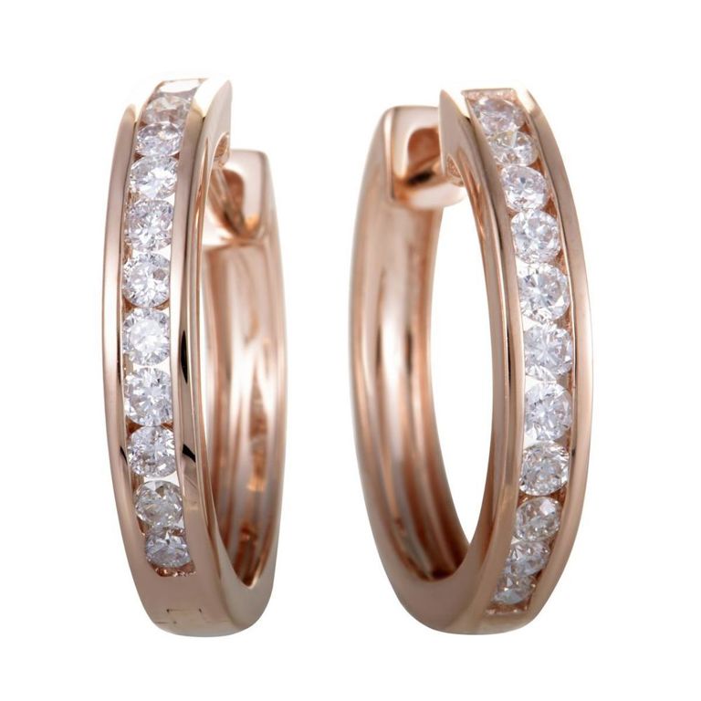14k rose gold diamond hoop earrings