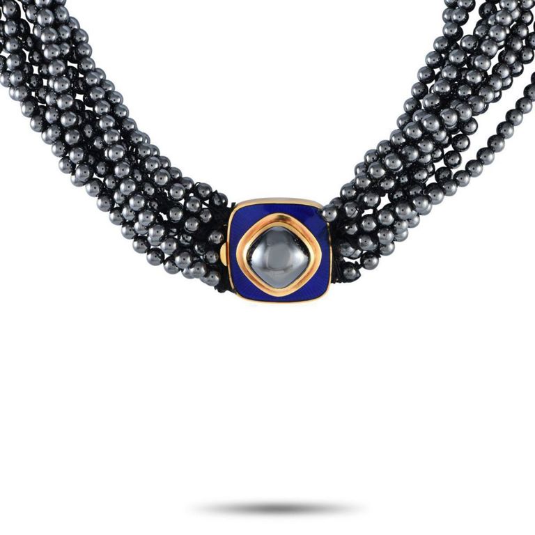 18k yellow gold hematite and enamel bead necklace