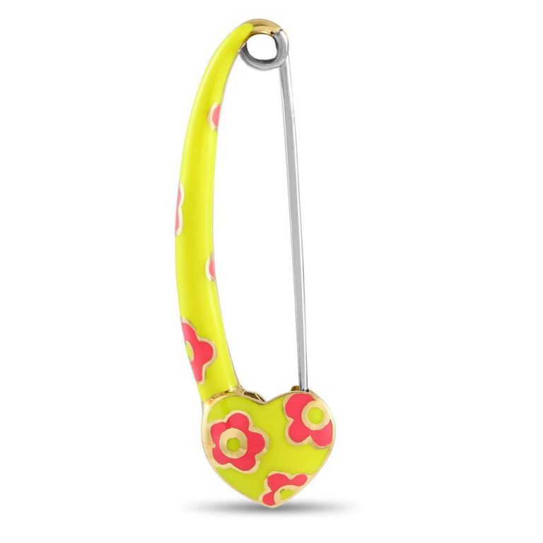 18k yellow gold enamel flower safety pin brooch