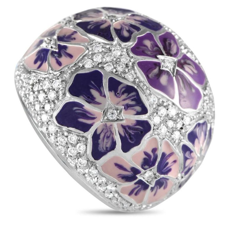 18k white gold diamond and enamel flower ring