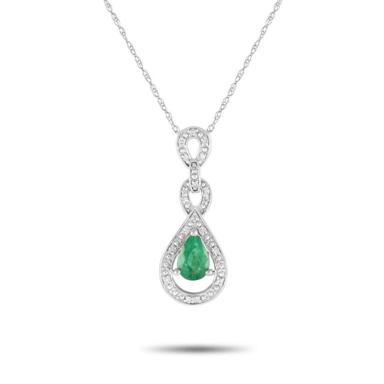 14k white gold diamond and emerald pendant necklace