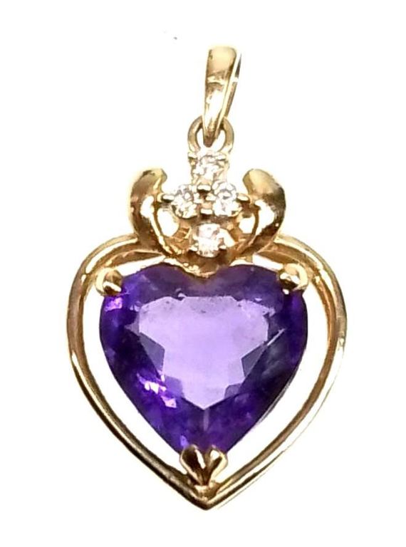 14k yellow gold amethyst and diamond heart pendant