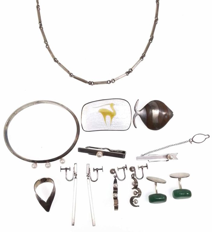 Modern sterling silver enamel and jade jewelry set