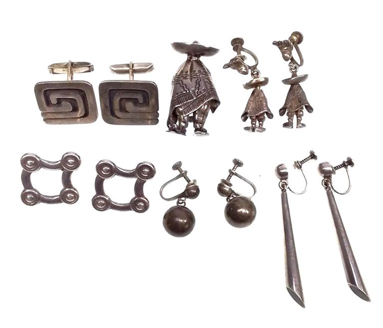 Vintage Taxco Mexico sterling cufflinks, earrings and brooch