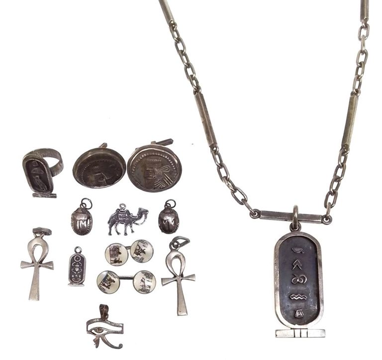 Assorted Egyptian silver necklace, cufflinks and ring