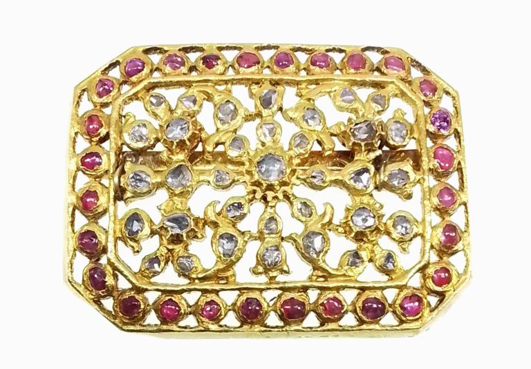 14k yellow gold diamond and ruby brooch