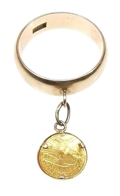 14k yellow gold ring with replica coin charm