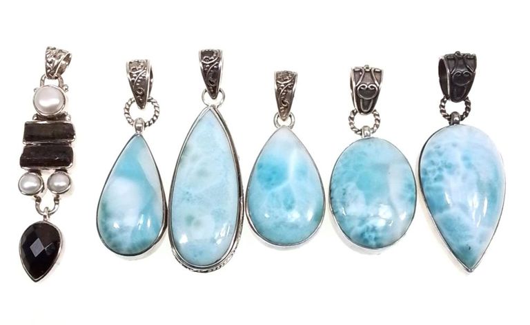 Sterling silver blue larimar, jade and jasper pendants