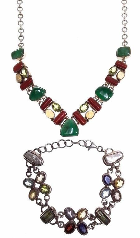 Sterling silver multi-mineral necklace and bracelet