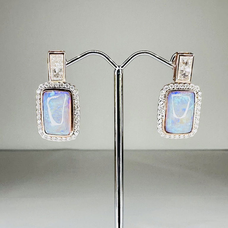 14k rose gold opal and diamond halo drop earrings
