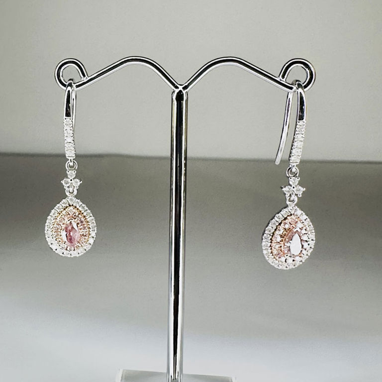 14k white and rose gold diamond halo drop earrings