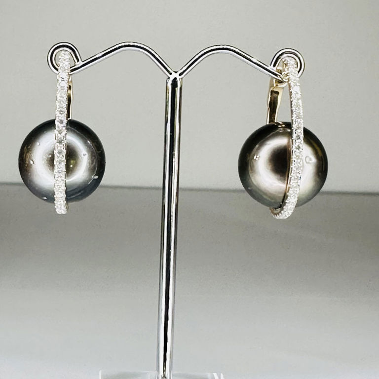 14k yellow gold pearl and diamond hoop earrings