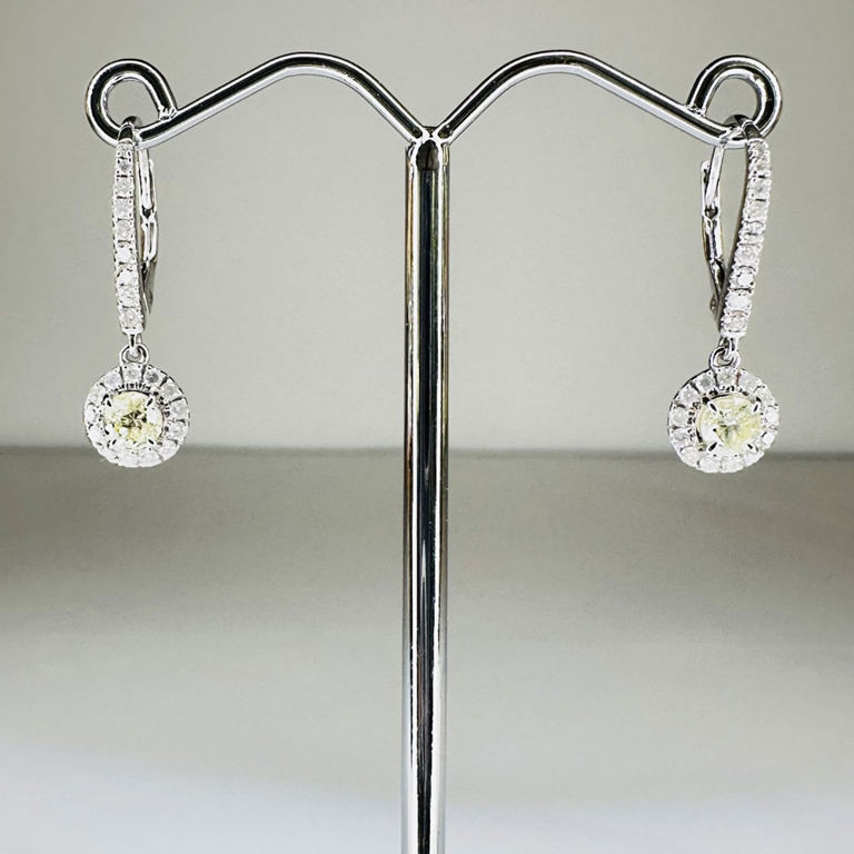 14k white gold diamond halo drop earrings