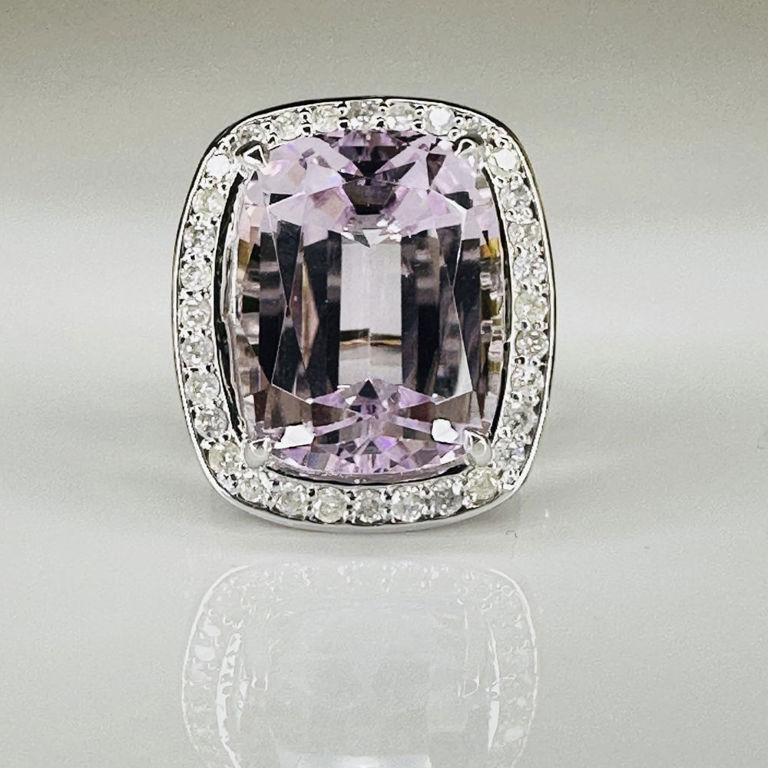 14k white gold kunzite and diamond halo ring