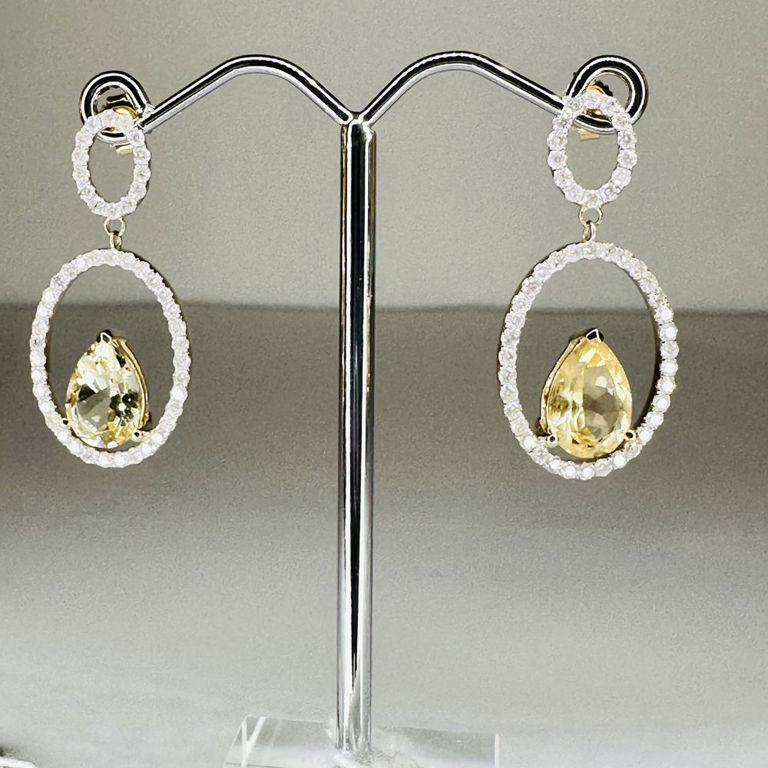 14k yellow gold heliodor and diamond double hoop drop earrings