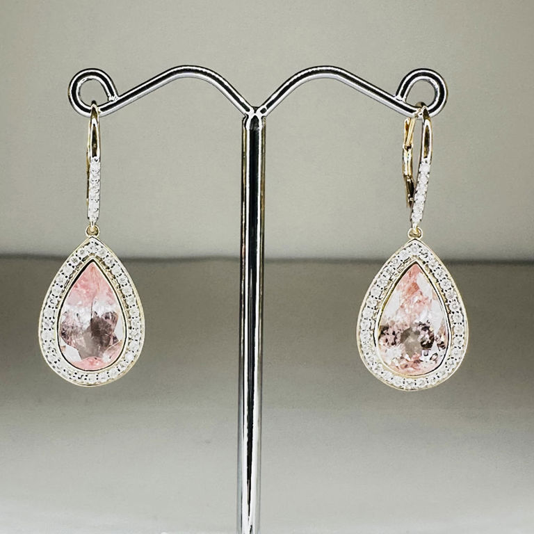 14k yellow and white gold morganite and diamond halo drop earrings
