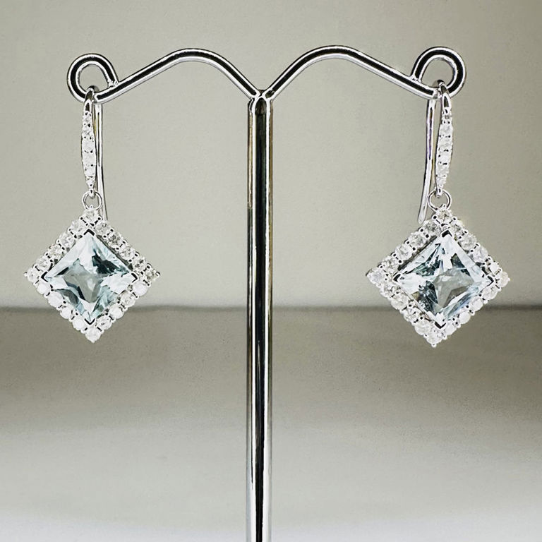 14k white gold aquamarine and diamond halo drop earrings