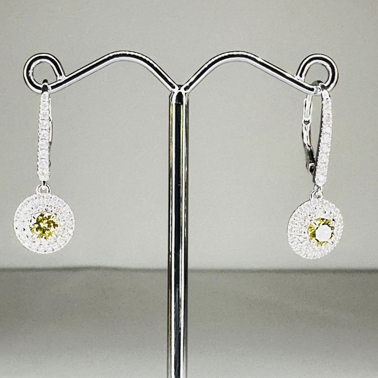 14k white gold diamond double halo drop earrings