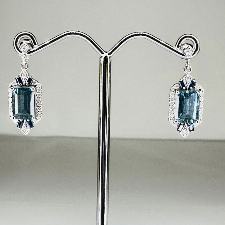 14k white gold aquamarine, sapphire and diamond earrings