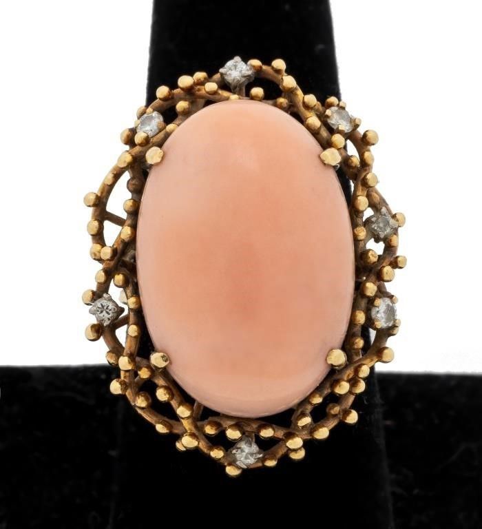 14k yellow gold pink coral and diamond ring