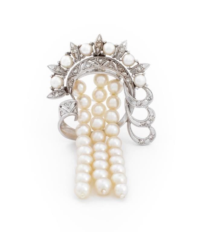 14k white gold pearl and diamond brooch pendant