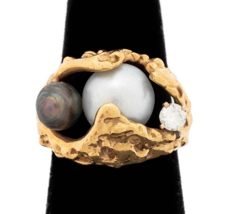 14k yellow gold pearl and diamond ring
