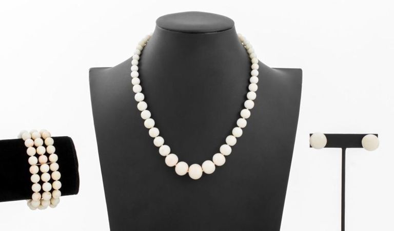 14k yellow gold and white coral jewelry set
