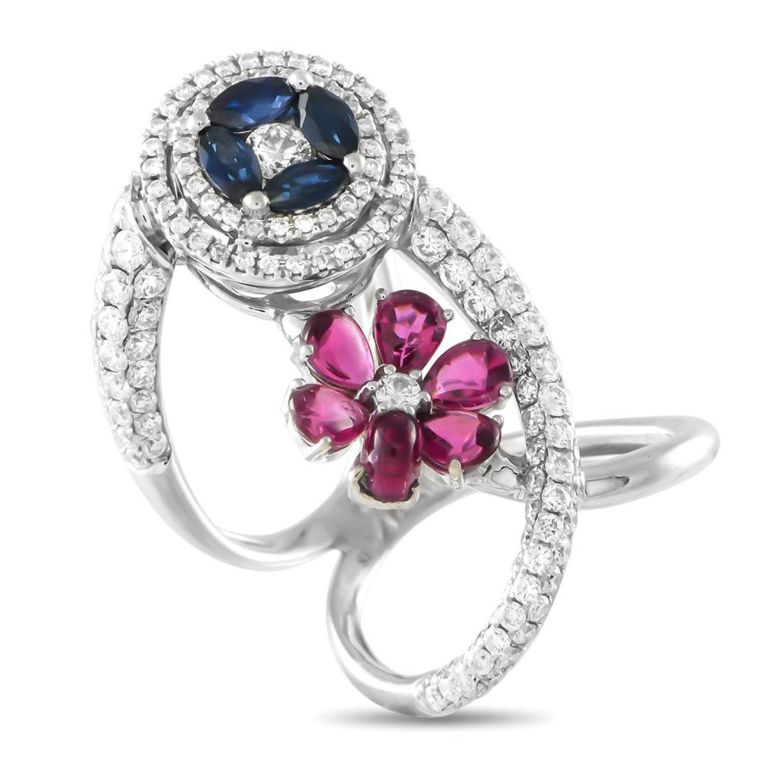 18k white gold diamond ruby and sapphire cocktail ring
