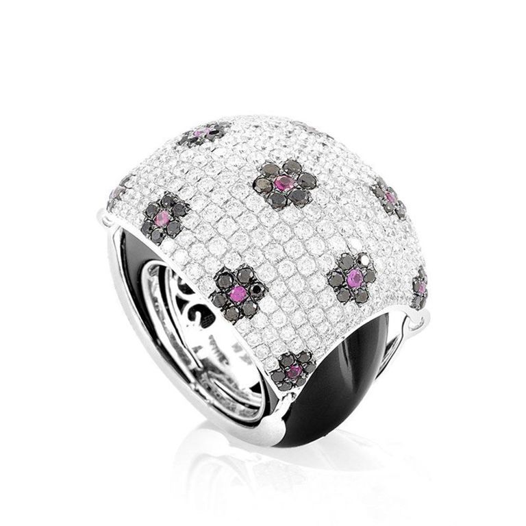 18k white gold onyx ruby and diamond dome ring