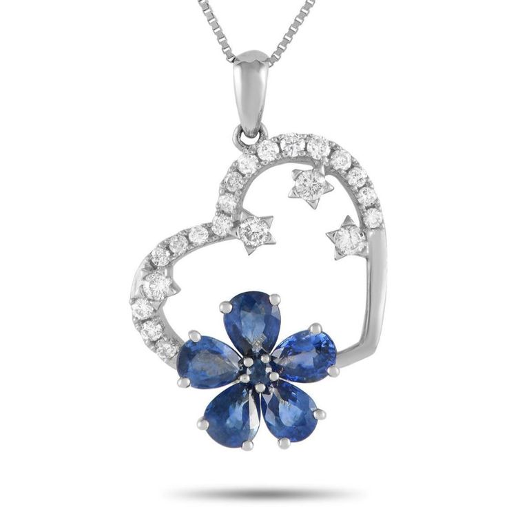 14k white gold sapphire and diamond heart pendant necklace