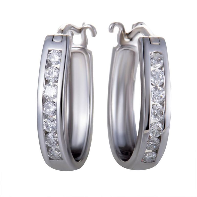 14k white gold diamond hoop huggie earrings