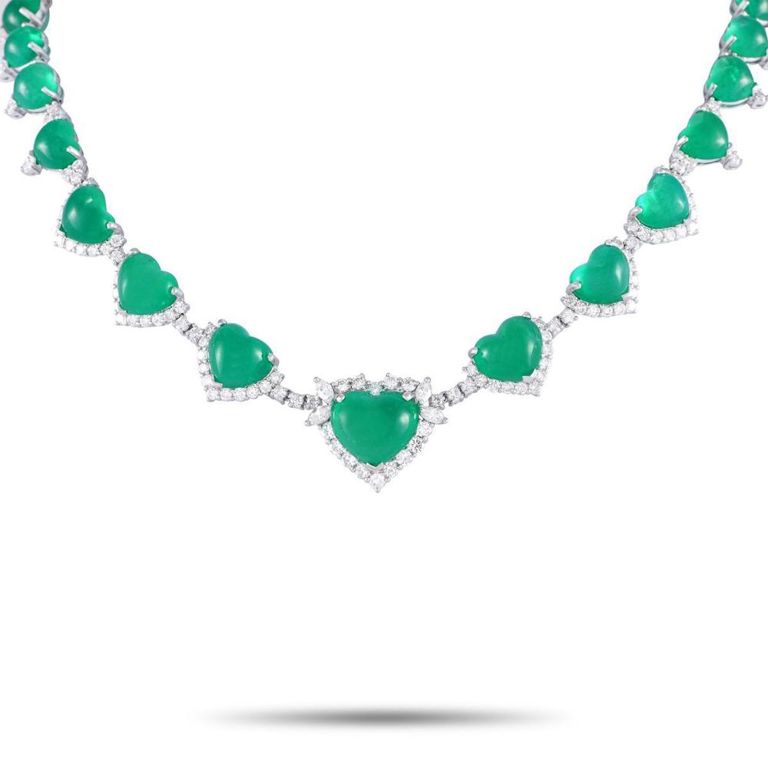Platinum diamond and emerald heart necklace