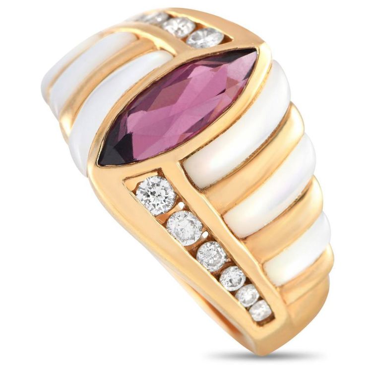 14k yellow gold diamond tourmaline and mother of pearl ring