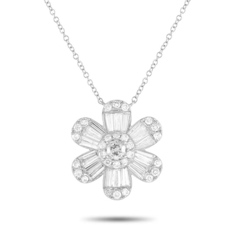 14k white gold diamond flower necklace