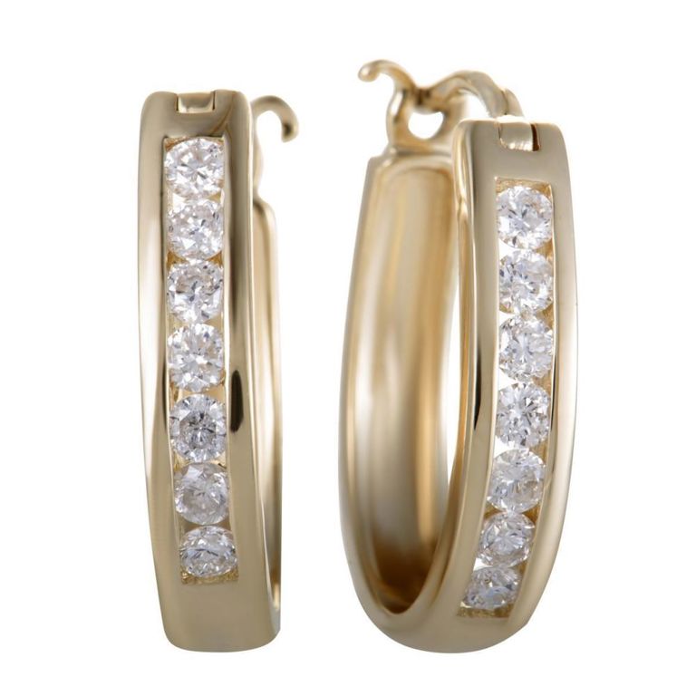 14k yellow gold diamond oval hoop earrings
