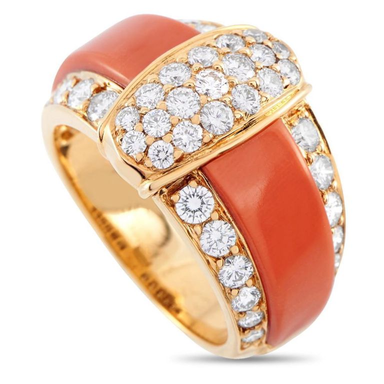 18k yellow gold diamond and coral ring