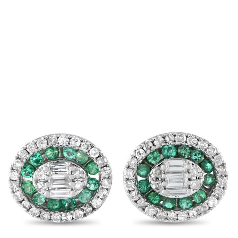 14k white gold diamond and emerald stud earrings