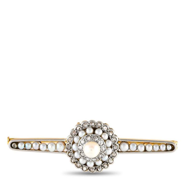 14k gold diamond and seed pearl brooch