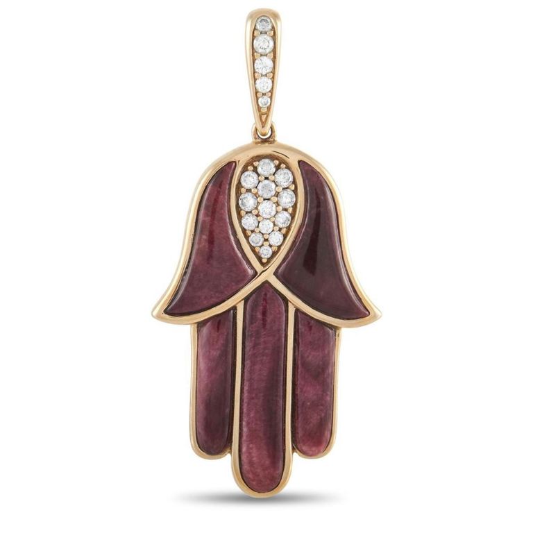 14k gold diamond and spiny oyster Hamsa pendant