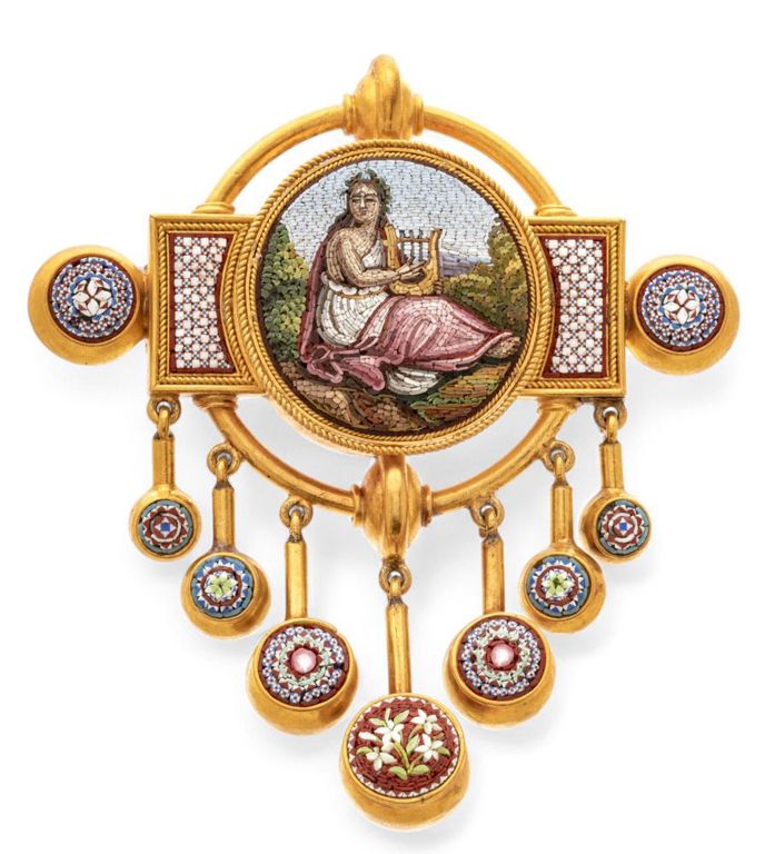 18k yellow gold micromosaic brooch