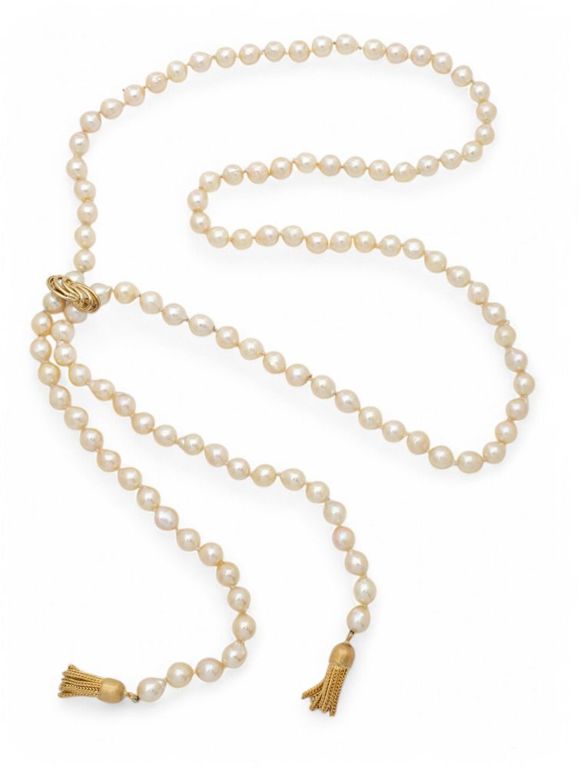 Gold pearl lariat necklace